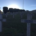 Blick über exakt in Reihen aufgestellte Kreuze auf dem Soldatenfriedhof HWK. Alle Kreuze sind beschriftet.
