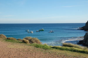 Einige kleine Fischerboote dümpeln vor dem Strand auf dem Meer unter wolkenlosem blauen Himmel.