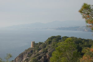 Blick über einen frün bewachsenen Hügel über das Meer Richtung Nerja.